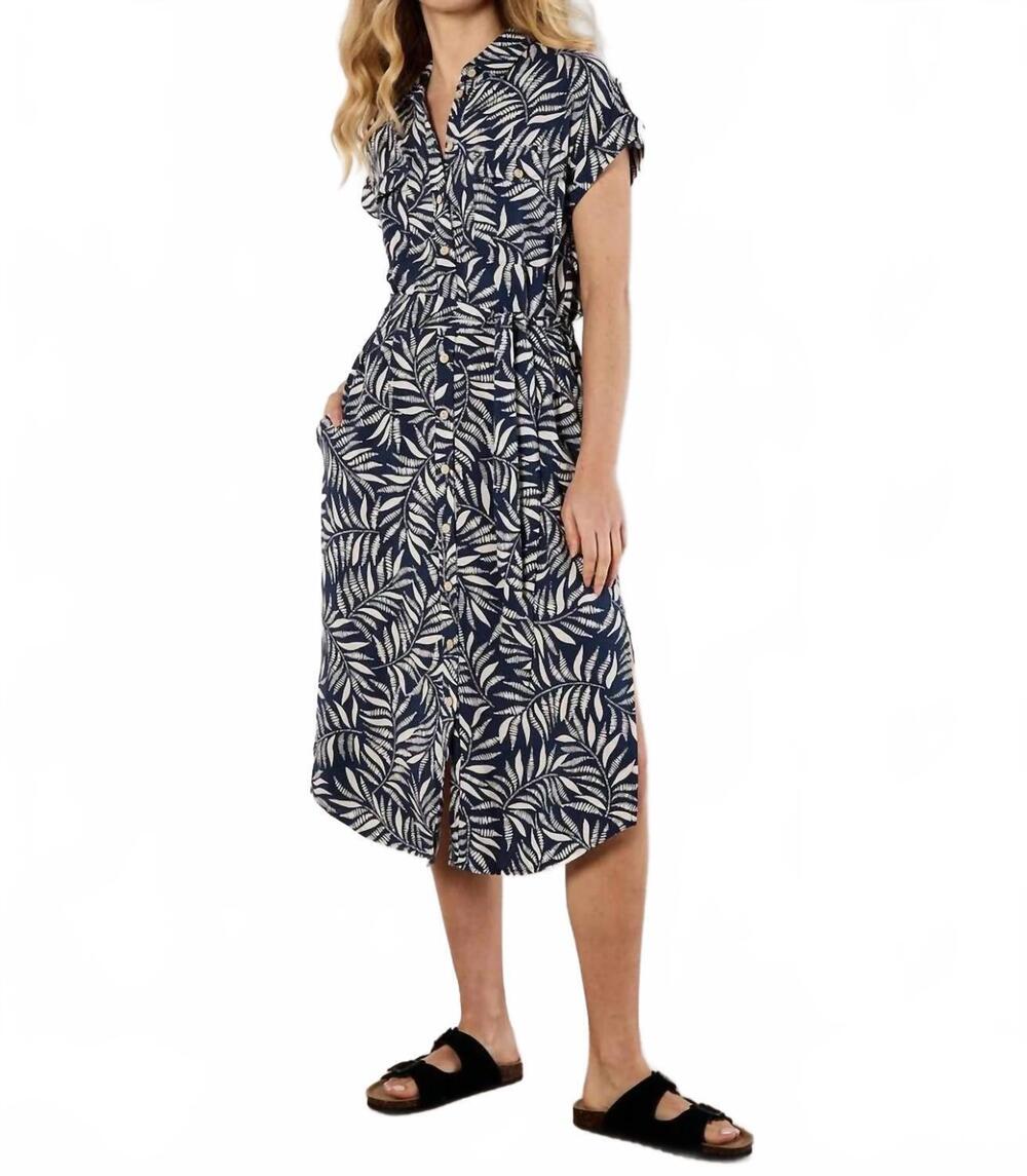 NEW APRICOT belted leaf print midi dress in navy